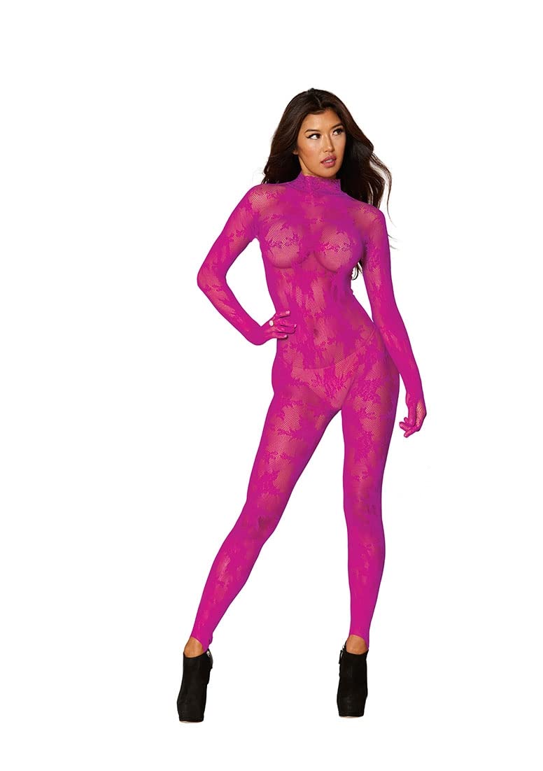 Dreamgirl Women's Plus Size Fishnet Catsuit Body Stocking with Seamless Floral Knit, Long Sleeves with Built In Gloves, Stretch Lace Mock Turtleneck with Snap Closure, One Size Queen, 1PC, Azalea - Image 3