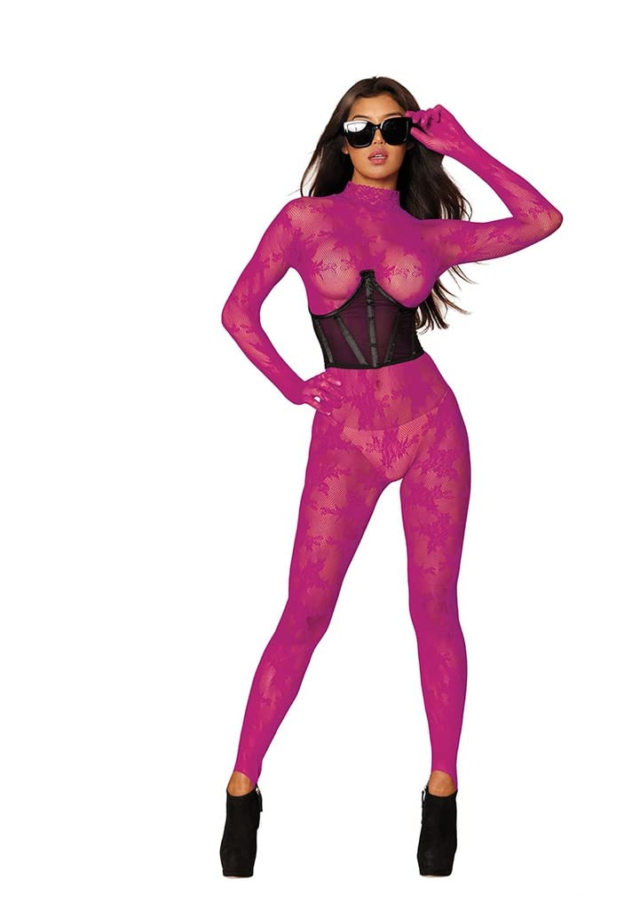 Dreamgirl Women's Plus Size Fishnet Catsuit Body Stocking with Seamless Floral Knit, Long Sleeves with Built In Gloves, Stretch Lace Mock Turtleneck with Snap Closure, One Size Queen, 1PC, Azalea - Image 6